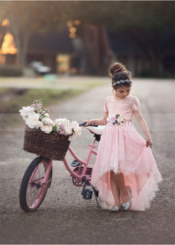 Pink Lace High Low Flower Girl Dress With Floral Sash